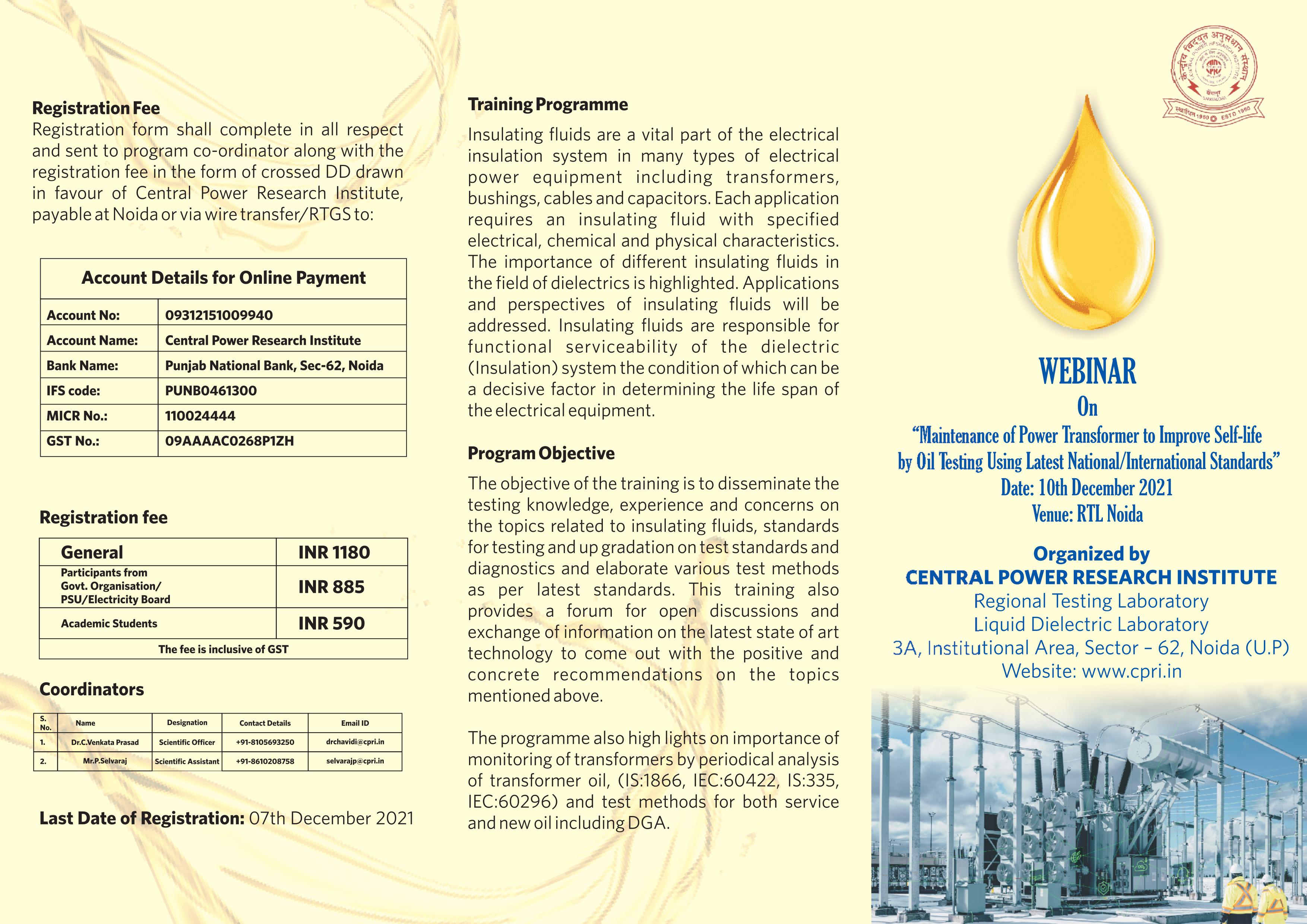 Webinar on "Maintenance of Power Transformer to Improve Self-life by Oil Testing Using Latest National/International Standards" on 10th December, 2021