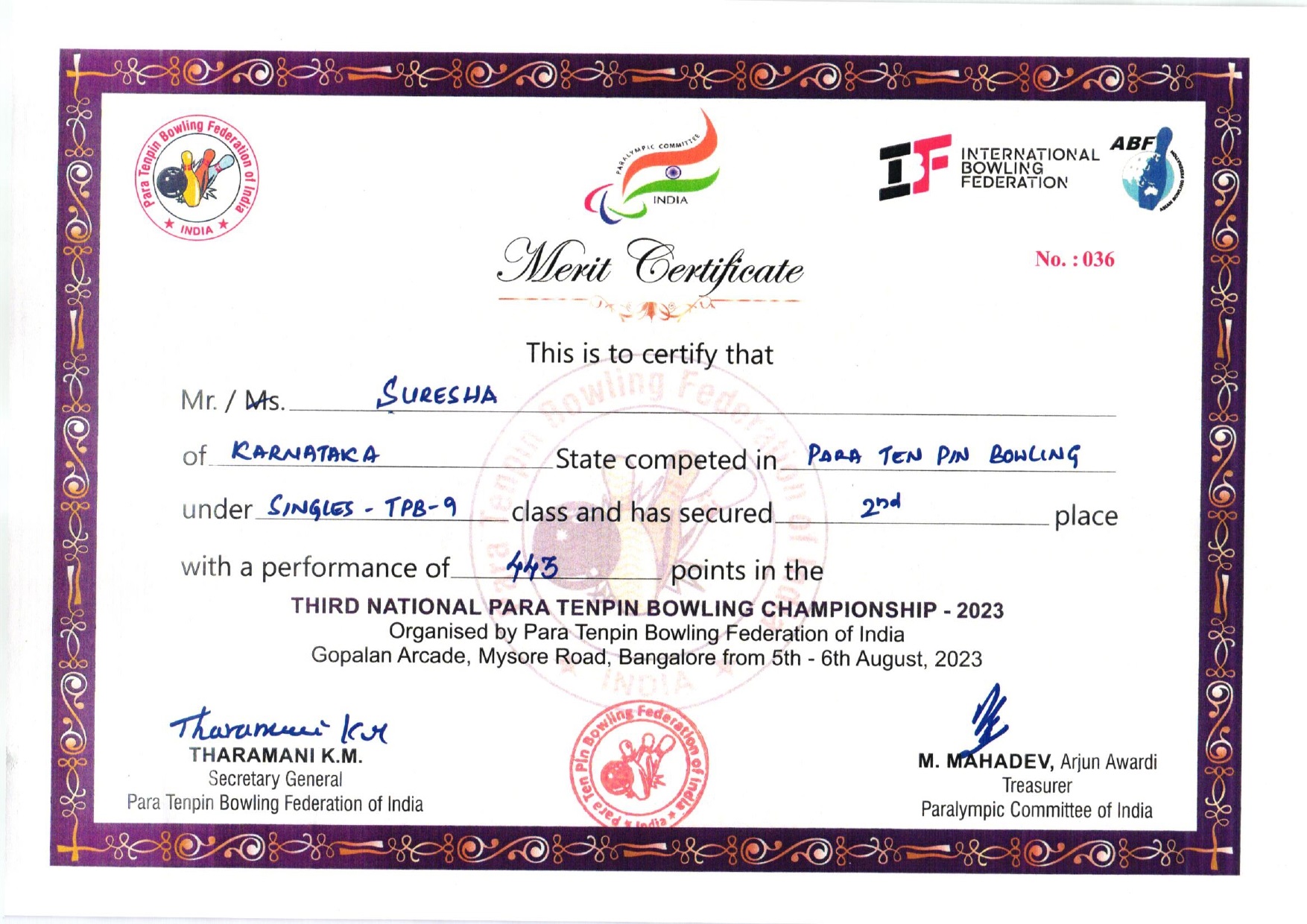 Shri Suresha on his accomplishment in securing a Gold and a Silver Medal in Third National Para Tenpin Bowling Championship-2023