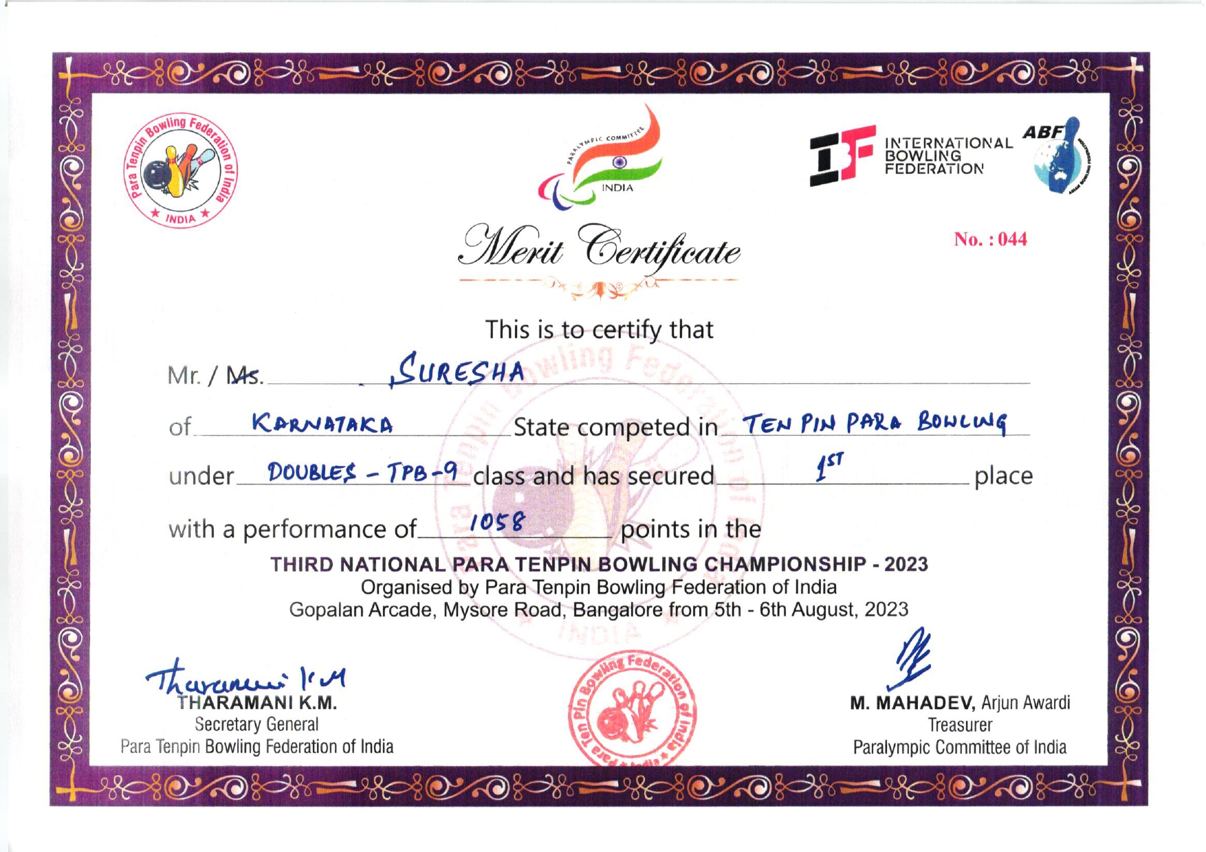 Shri Suresha on his accomplishment in securing a Gold and a Silver Medal in Third National Para Tenpin Bowling Championship-2023